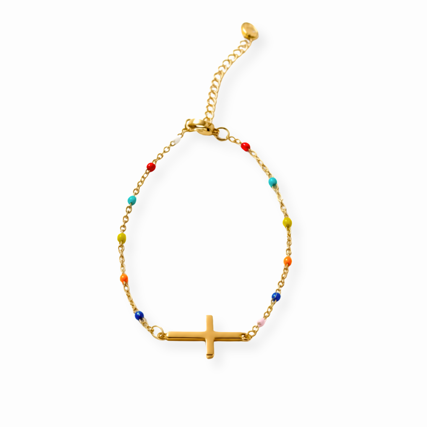 Pulsera Laminada en Oro de 18KL con Chaquiras Naturales de Colores y Cristal Austriaco Colgante del Broche