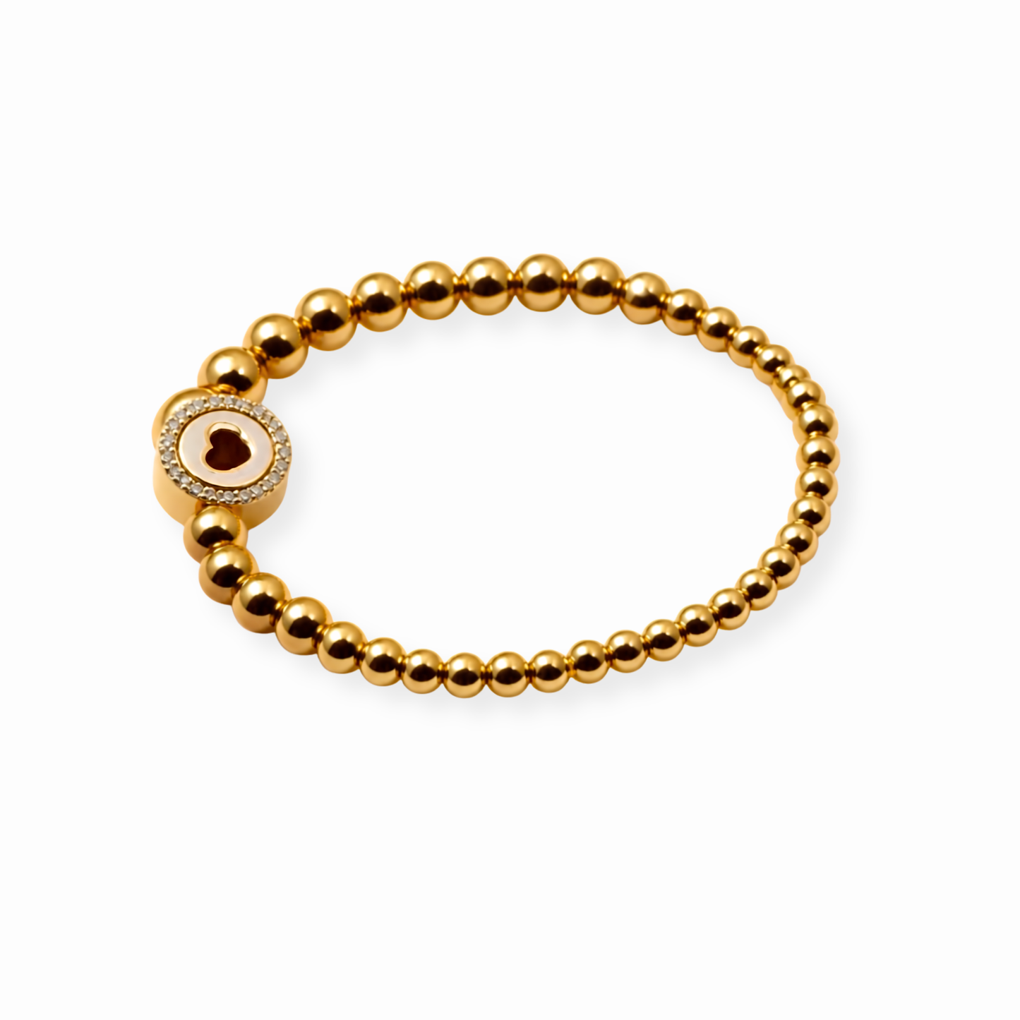 Pulsera Laminada en Oro de 18KL con Bolitas y Dije de Concha Nácar
