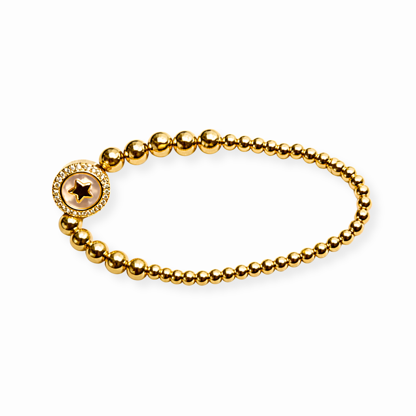 Pulsera Laminada en Oro de 18KL con Bolitas y Dije de Concha Nácar
