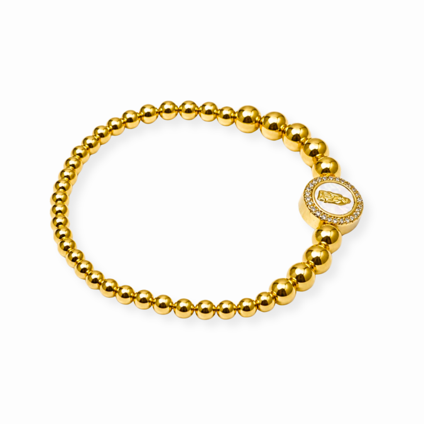 Pulsera Laminada en Oro de 18KL con Bolitas y Dije de Concha Nácar