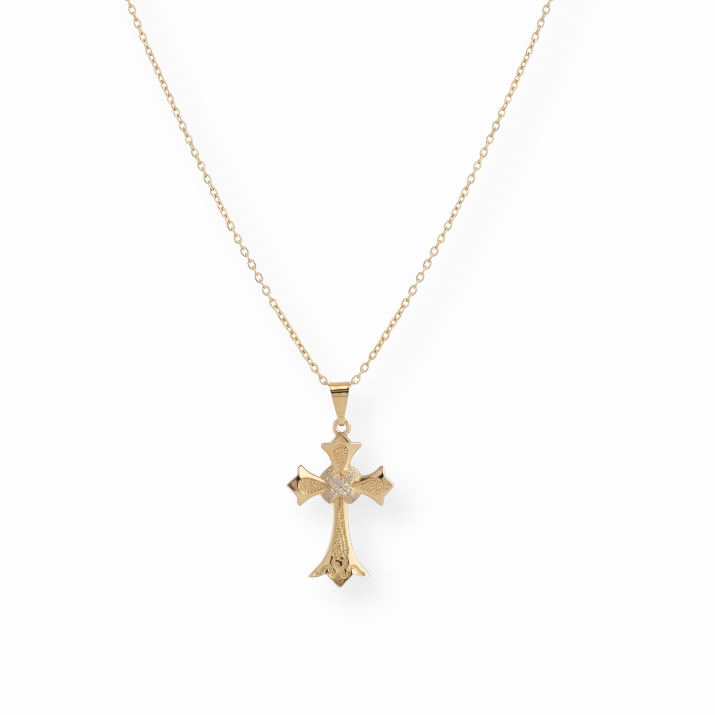 Cadena Laminada en Oro de 18KL con Cruz y Chispas de Circonitas
