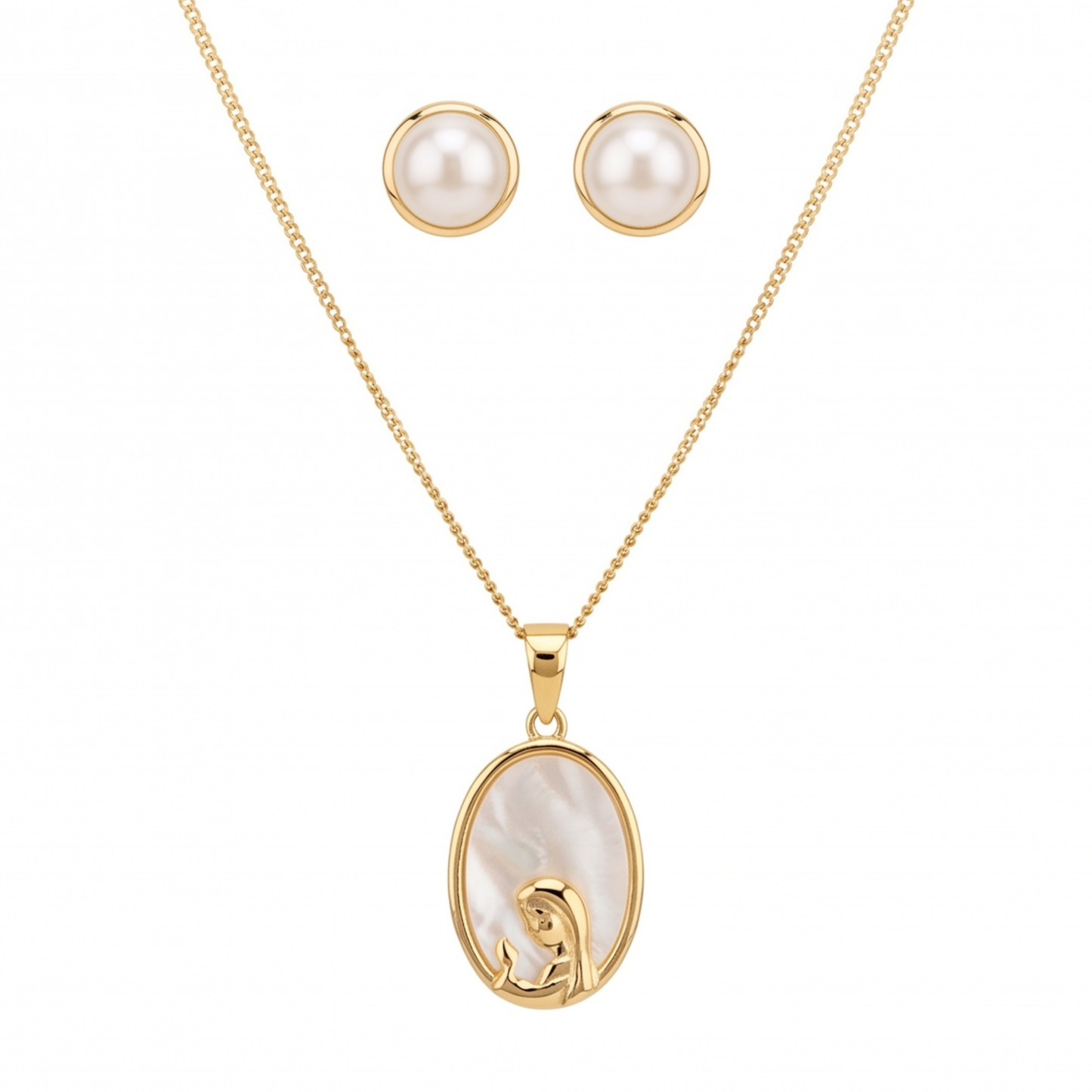 Set de Collar con Medalla de la Virgen Niña "Madonna" Laminado en Oro de 18KL y Aretes con Perlas Españolas Cultivadas de 12mm