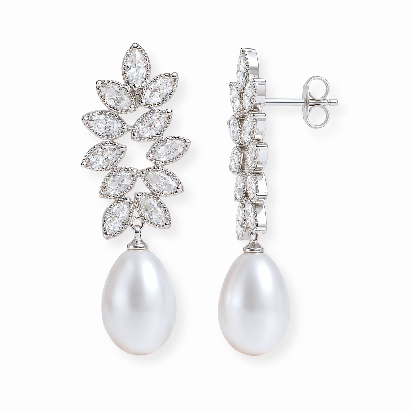 Aretes Laminados en Oro de 18KL con Swarovski, Perla Recubierta en Nácar y Rodium