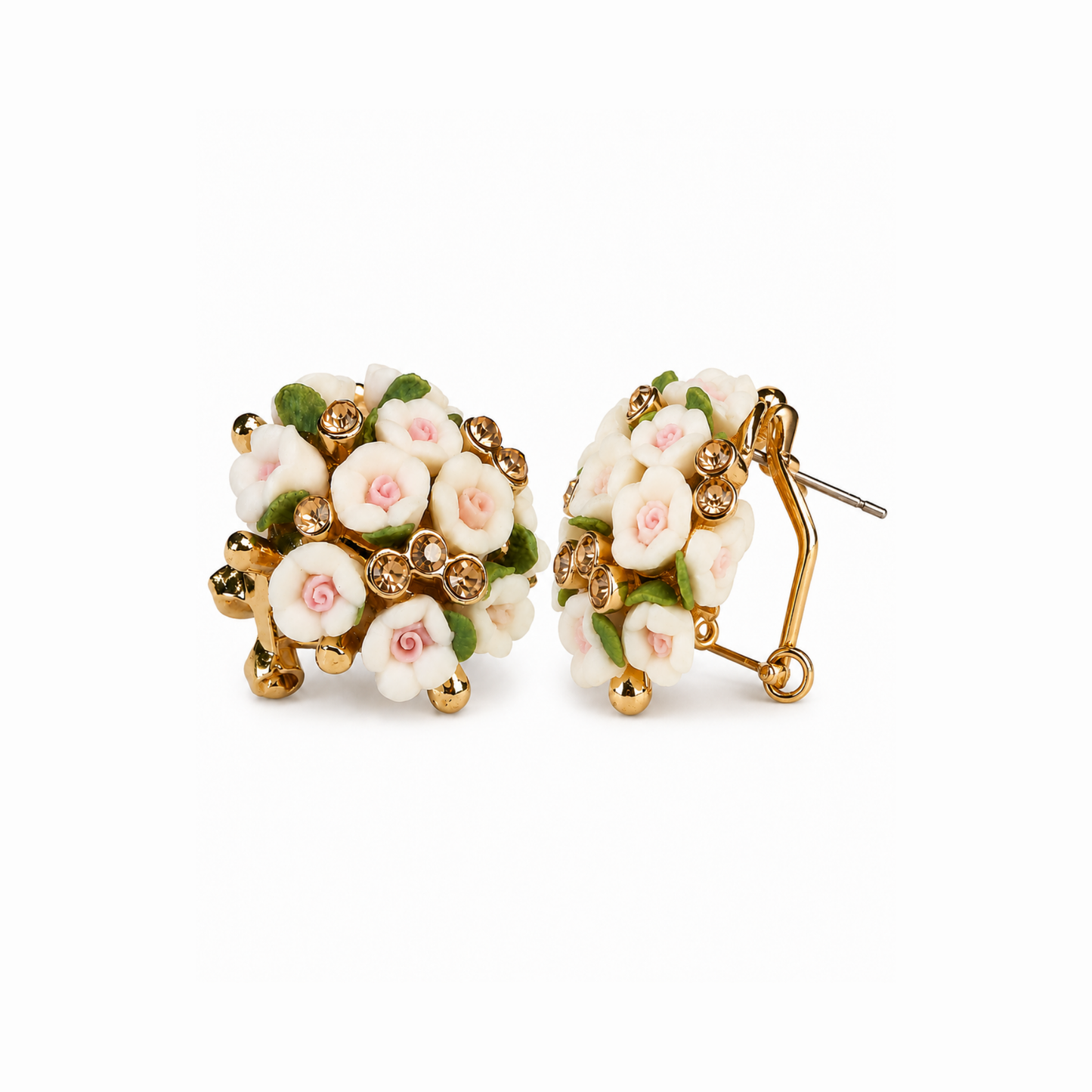 Aretes en oro 18KL con diseño floral y Swarovski