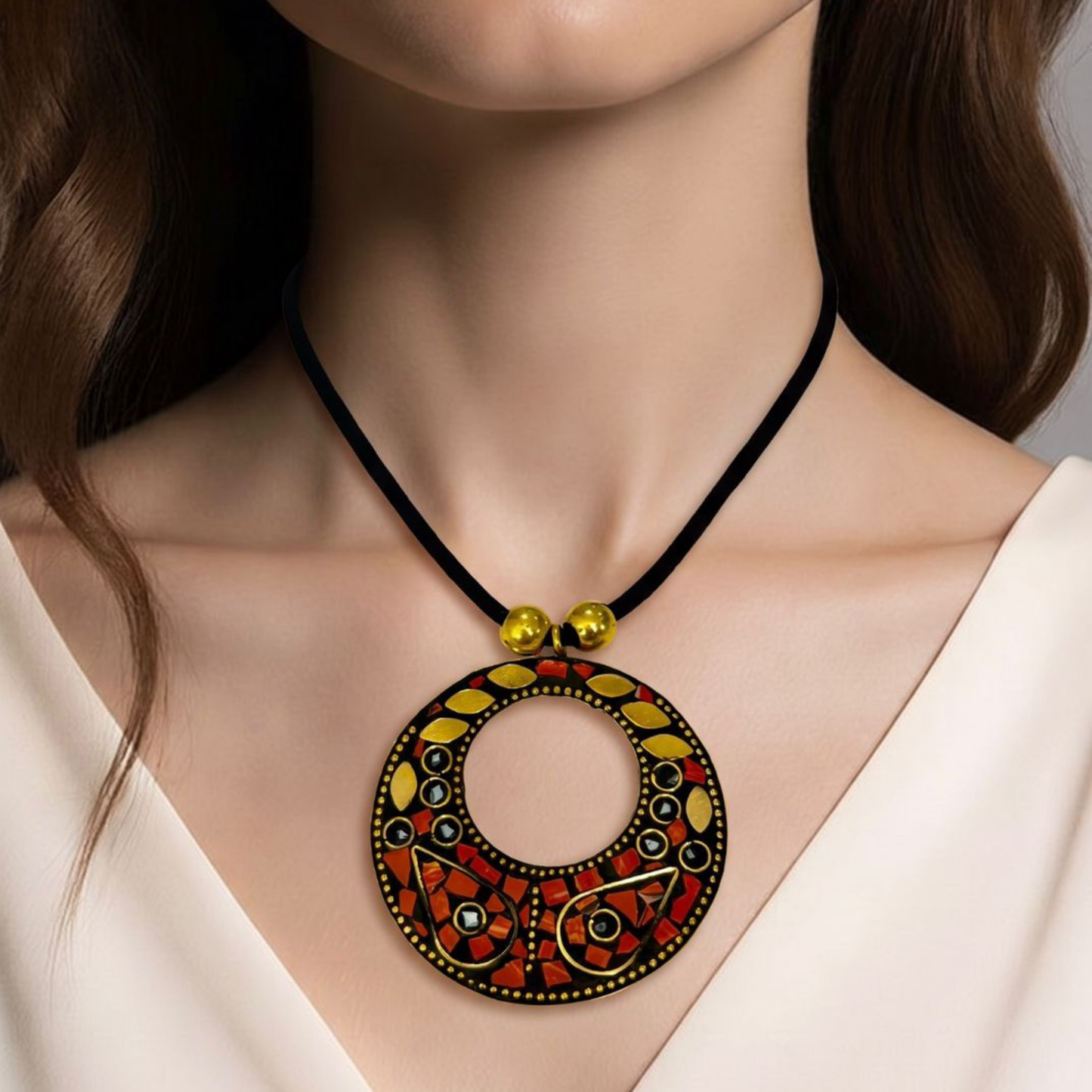 Chockers con Lazo de Tela en Bronce Pulido Texturizado con Incrustaciones de Piedras Semipreciosas Turquesas, Corales, Madre Perla y Ónix