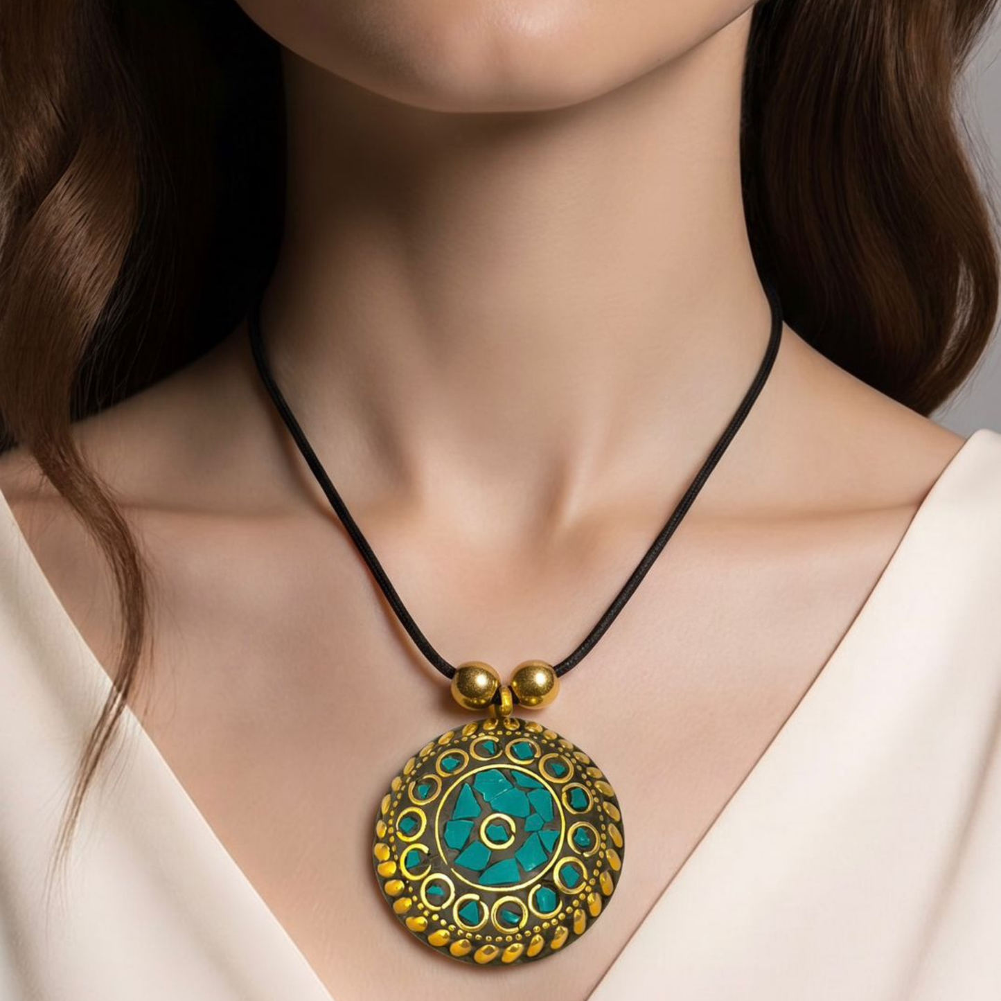 Chockers con Lazo de Tela en Bronce Pulido Texturizado con Incrustaciones de Piedras Semipreciosas Turquesas, Corales, Madre Perla y Ónix