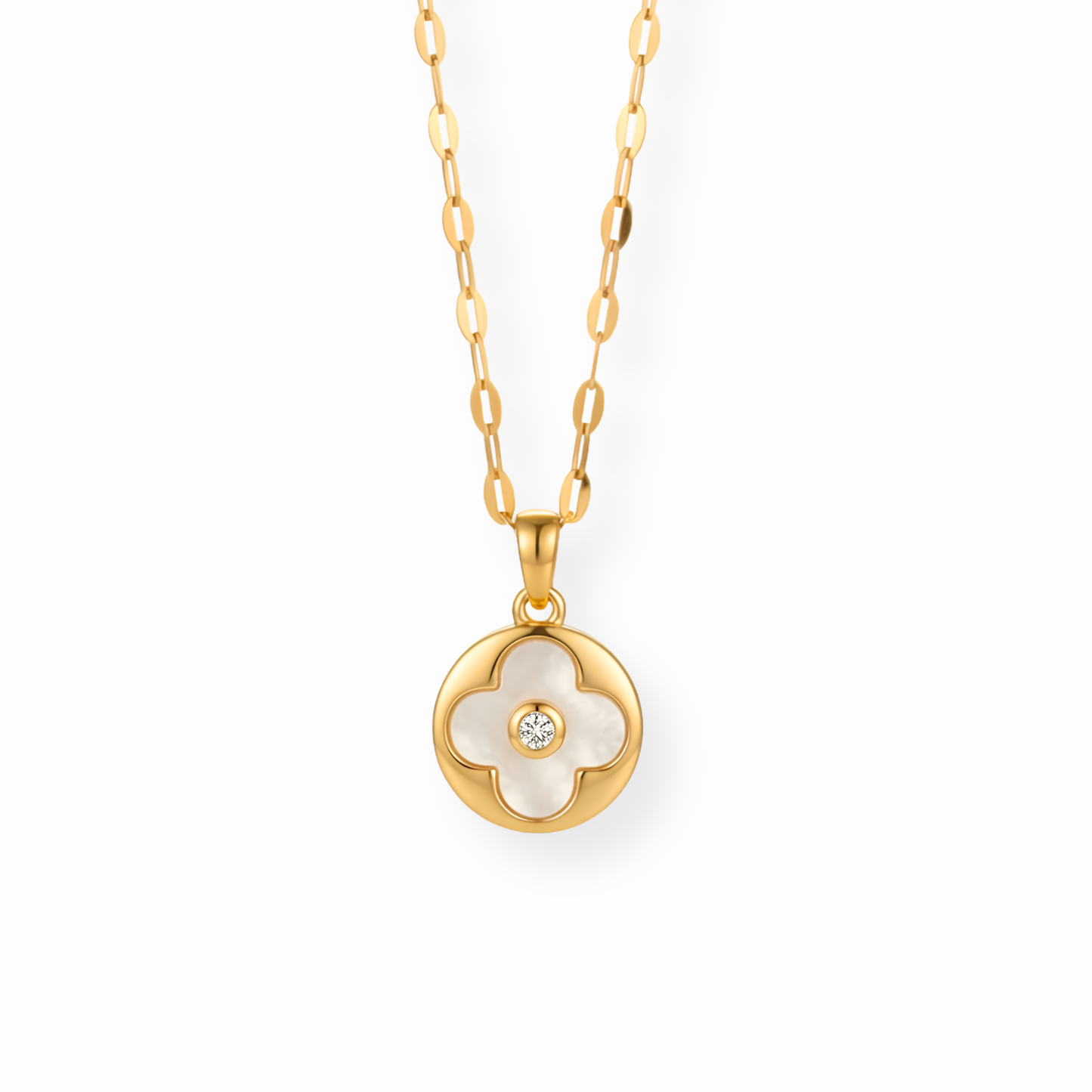Collar Laminado en Oro de 18KL con Madre Perla, Chispas de Swarovski y Rodium