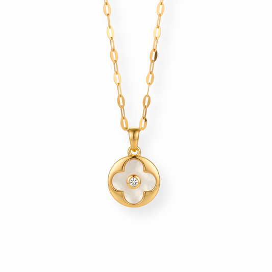 Collar Laminado en Oro de 18KL con Madre Perla, Chispas de Swarovski y Rodium
