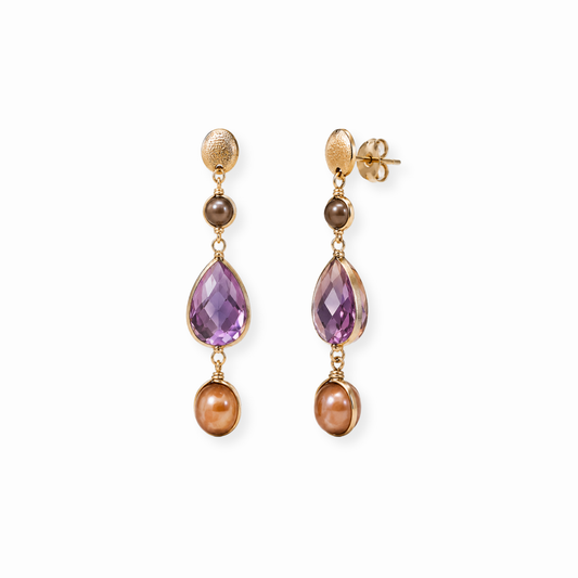 Aretes Laminados en Oro 18KL con Perlas Cultivadas y Piedras Semipreciosas