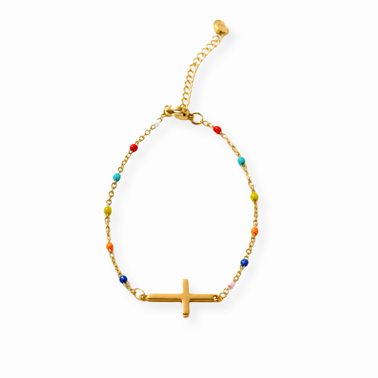 Pulsera Laminada en Oro de 18KL con Chaquiras Naturales de Colores y Cristal Austriaco Colgante del Broche