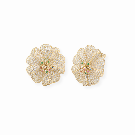 Aretes Laminados en Oro 18KL con Swarovski, Rodium y Chispas de Piedras Preciosas Naturales