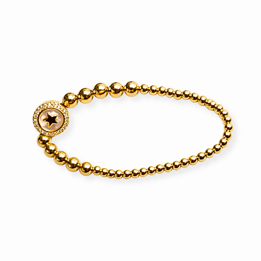 Pulsera Laminada en Oro de 18KL con Bolitas y Dije de Concha Nácar