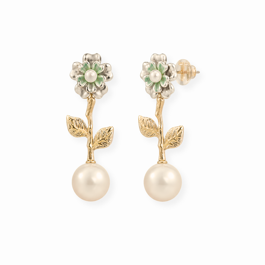 Aretes Laminados en Oro de 18kl con Perla de Laboratorio y Flores Esmaltadas.