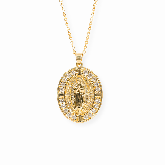 Cadena de Virgen de Guadalupe Laminada en Oro de 18KL y Swarovski