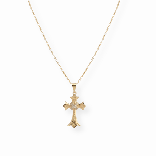 Cadena Laminada en Oro de 18KL con Cruz y Chispas de Circonitas