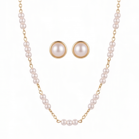 Set Laminado en Oro de 18KL Collar con Baby Perlas y Aretes de Perlas Españolas Cultivadas de 12mm