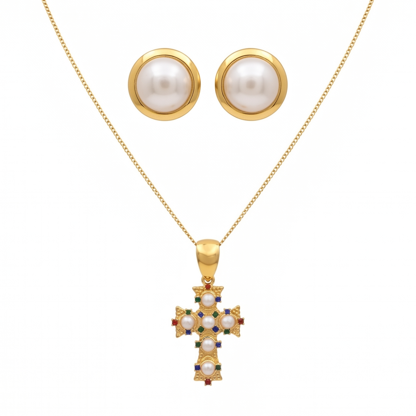 Set Laminado en Oro de 18KL con Collar de Cruz con Baby Perlas y Piedras Semipreciosas y Aretes con Perlas Españolas Cultivadas de 18mm