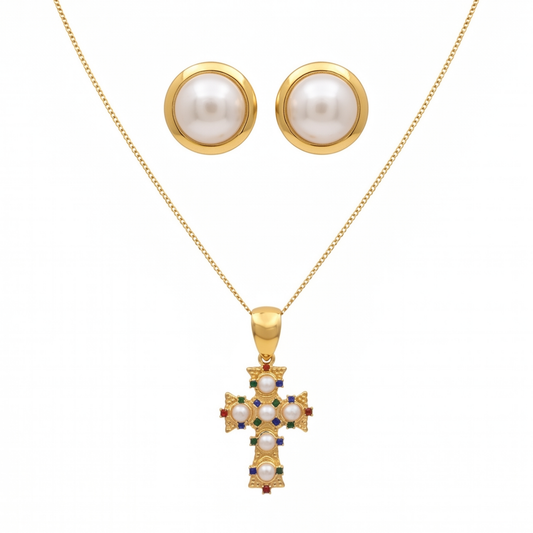 Set Laminado en Oro de 18KL de Cruz con Baby Perlas y Piedras Semipreciosas y Perlas Españolas Cultivadas