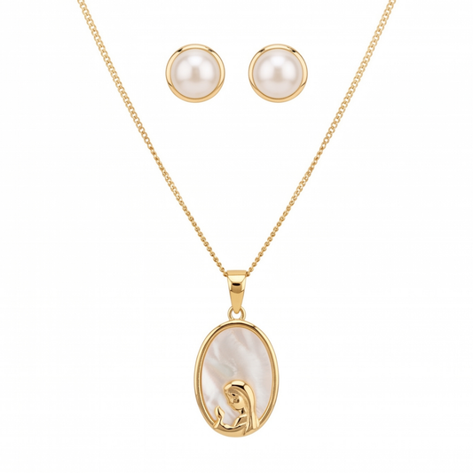 Set de Collar con Medalla de la Virgen Niña "Madonna" Laminado en Oro de 18KL y Aretes con Perlas Españolas Cultivadas