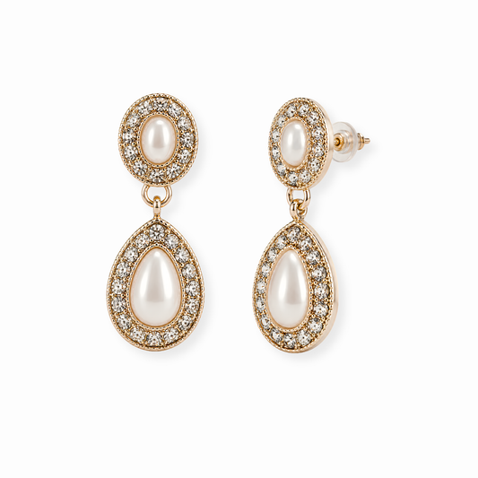 Aretes Laminados en Oro 18KL con Perlas de Laboratorio y Circonias