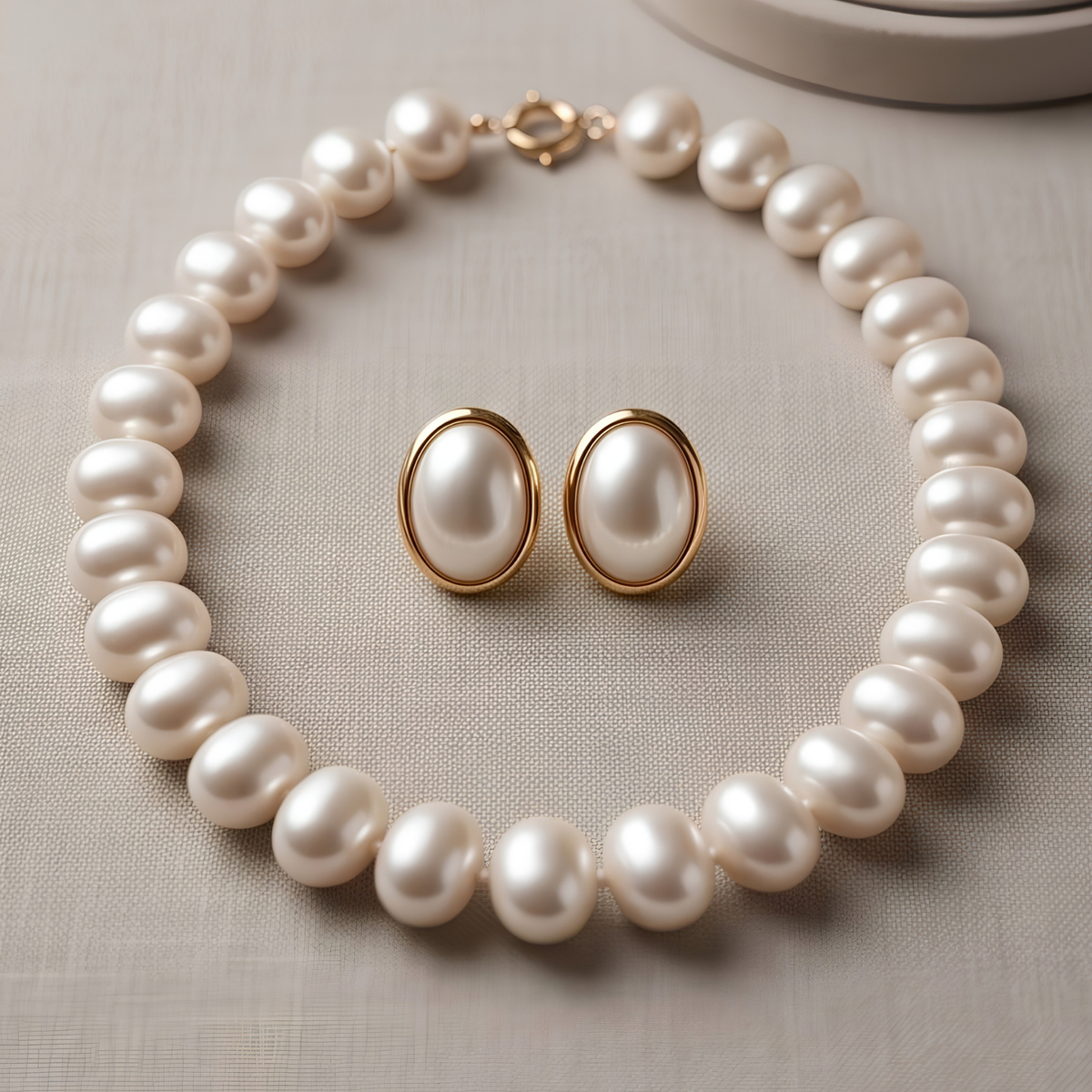 Juego con Collar de Perlas Cultivadas en Agua Salada en Forma Ovalada Perfecta con Aretes de Regalo de Perlas Cultivadas en Laminado de Oro de 18K