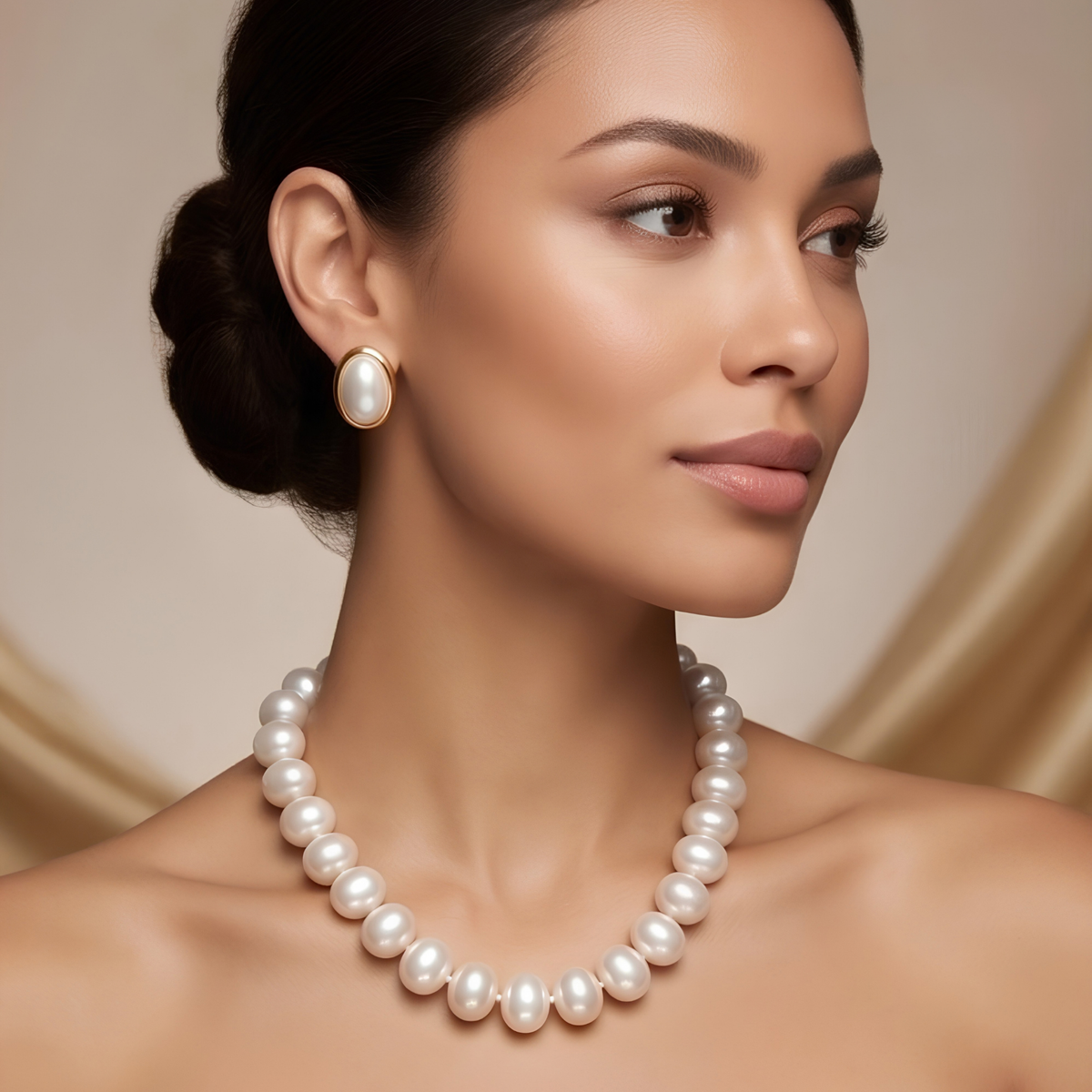 Juego con Collar de Perlas Cultivadas en Agua Salada en Forma Ovalada Perfecta con Aretes de Regalo de Perlas Cultivadas en Laminado de Oro de 18K
