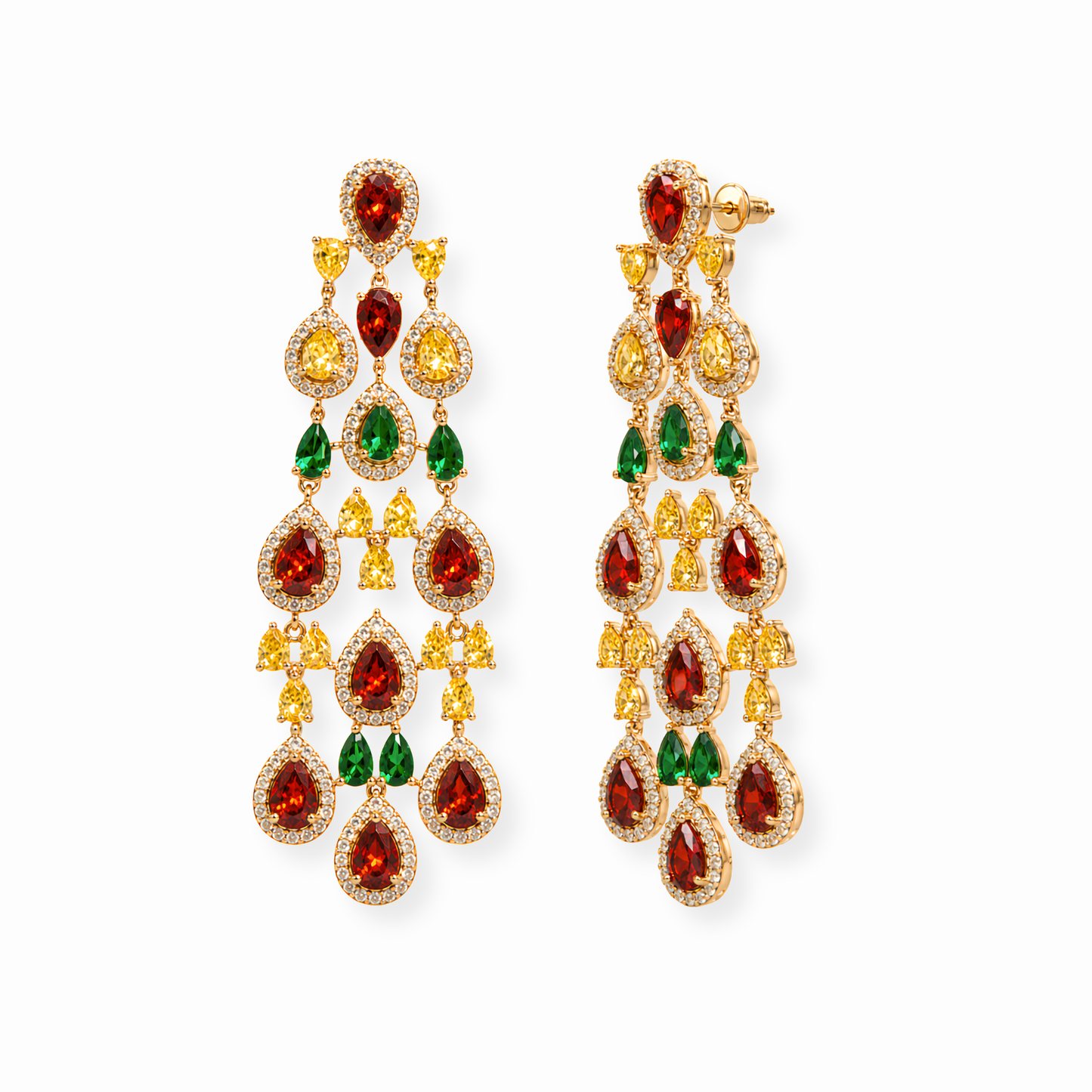 Aretes Largos Laminados en Oro de 21KL con Piedras Semipreciosas, Granate y Topacios