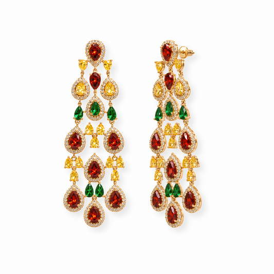 Aretes Largos Laminados en Oro de 21KL con Piedras Semipreciosas, Granate y Topacios