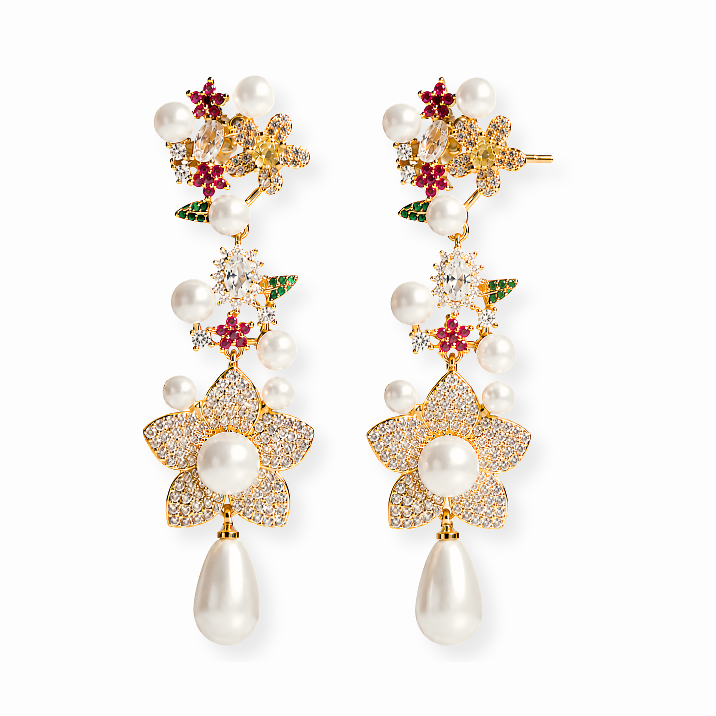 Aretes Laminados en Oro de 18KL con Piedras Semipreciosas, Swarovski y Rodium