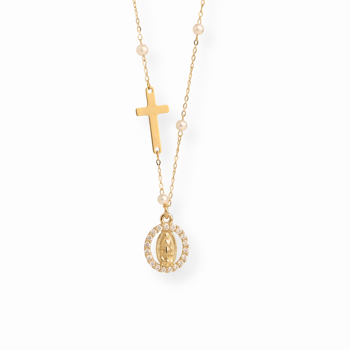 Collar de La Virgen Medalla Milagrosa Laminada en Oro de 18KL con Baby Perlas y Circonitas