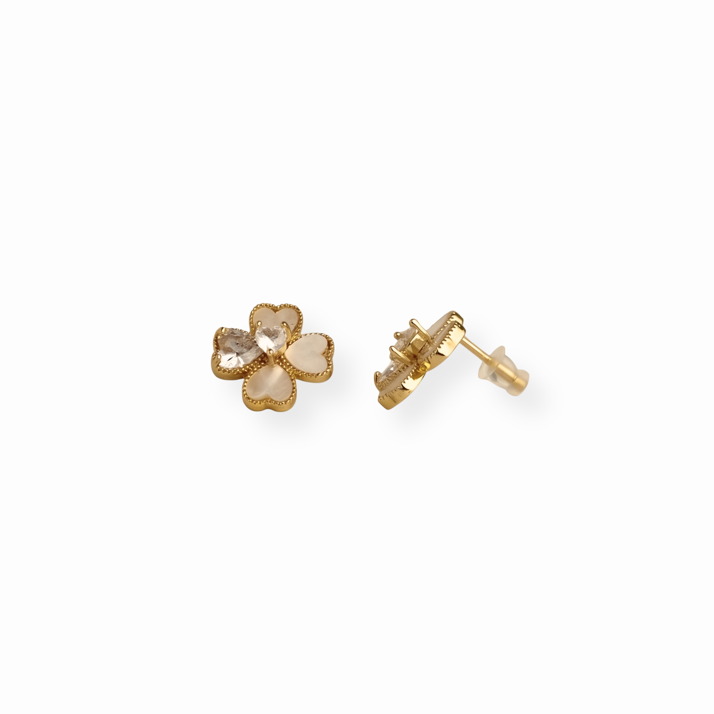 Aretes Laminados en Oro de 18KL con Madre Perla y Cristales Austriacos
