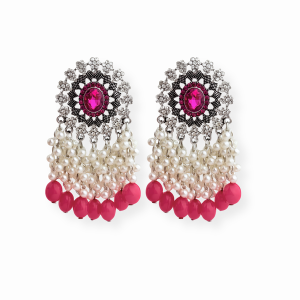 Aretes Grandes Laminados en Oro Blanco de 18KL con Cristales Austriacos, Resina y Perlas con Recubrimiento de Nácar
