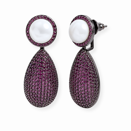 Aretes Laminados en Oro de 18KL con Capa de Oro Negro de 21KL con Piedras Semipreciosas, Perla Recubierta en Nácar y Rodium