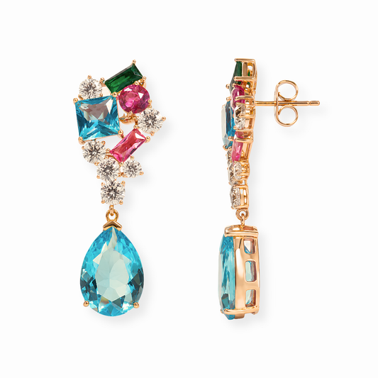 Aretes Laminados en Oro de 18KL con Piedras Semipreciosas y Rodium