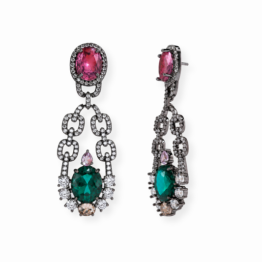 Aretes Laminados en Oro Negro de 18KL con Piedras Semipreciosas y Rodium