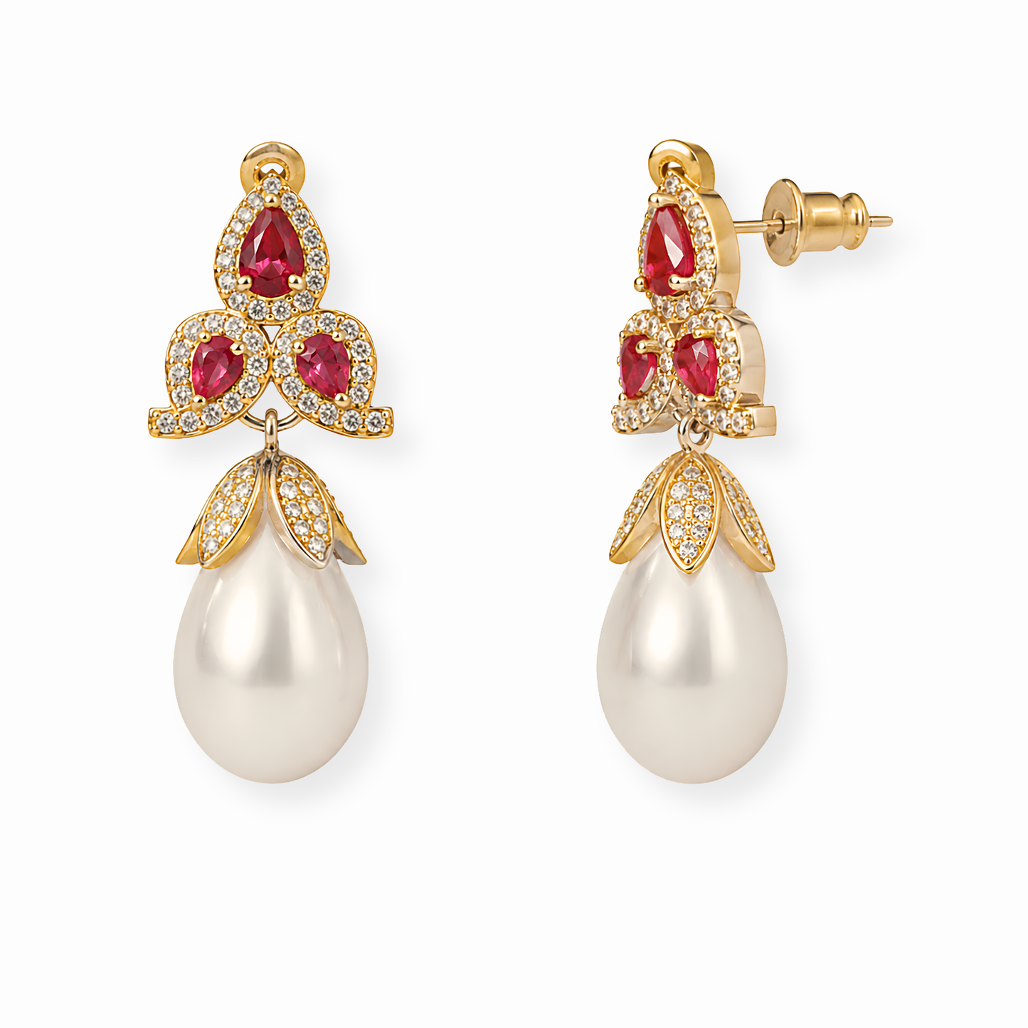 Aretes Laminados en Oro de 18KL con Piedras Semipreciosas, Swarovski y Perlas de Laboratorio