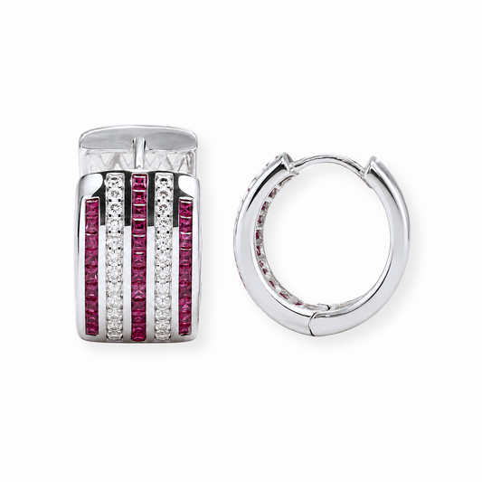 Aretes Laminados en Oro de 18KL con Rubis de Laboratorio, Swarovski y Rodium