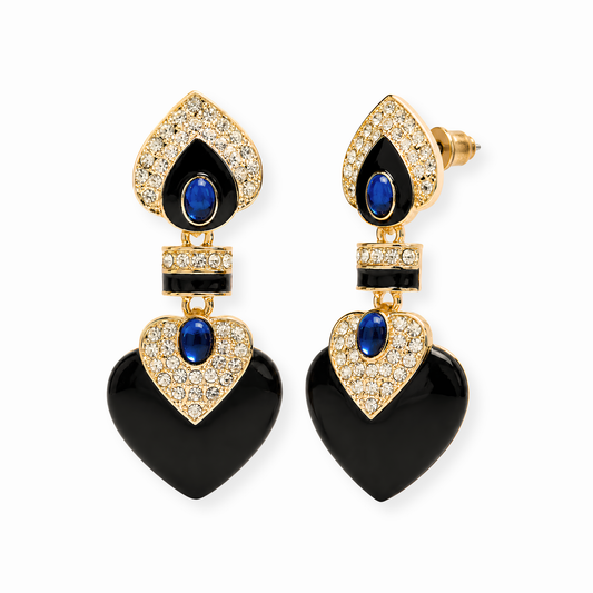 Aretes Laminados en Oro de 18KL con Ónix, Cristal Austriaco y Swarovski