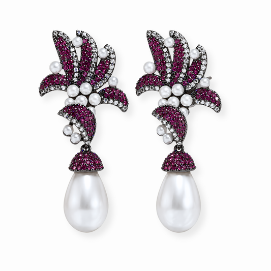 Aretes Laminados en Oro de 18KL con Swarovski y Rodium con Perlas Recubiertas en Nácar