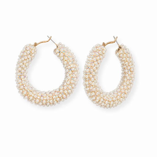 Argollas Laminadas en Oro de 18KL con Baby Perlas con Cristales