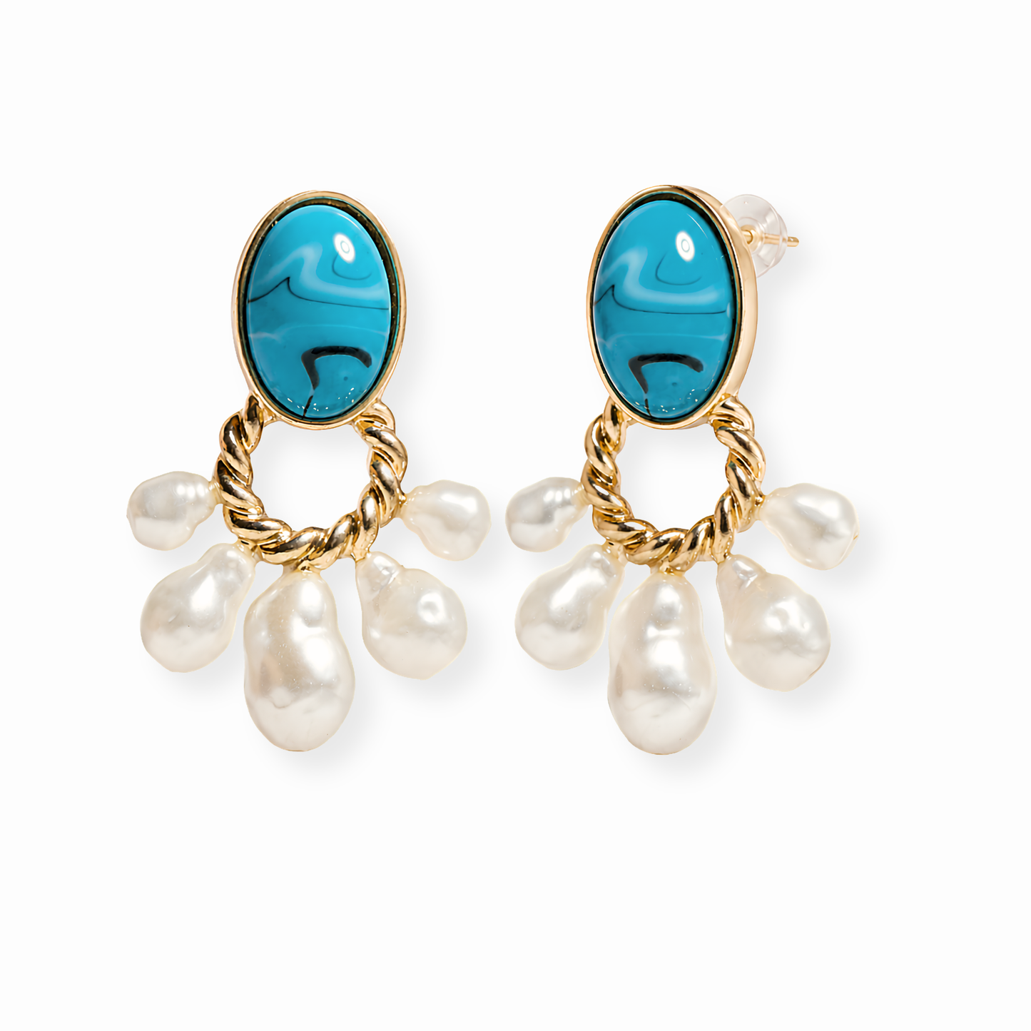 Aretes Laminados en Oro de 18KL con Perlas Recubiertas en Nacar y Resina Imitando Turquesa