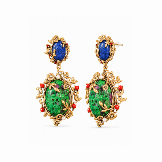 Aretes en oro 21KL con piedra ágata marmoleada, lapislázuli y baby perlas