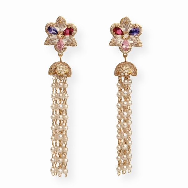 Aretes Laminados en Oro de 18KL con Cristales Austriacos con Baby Perlas