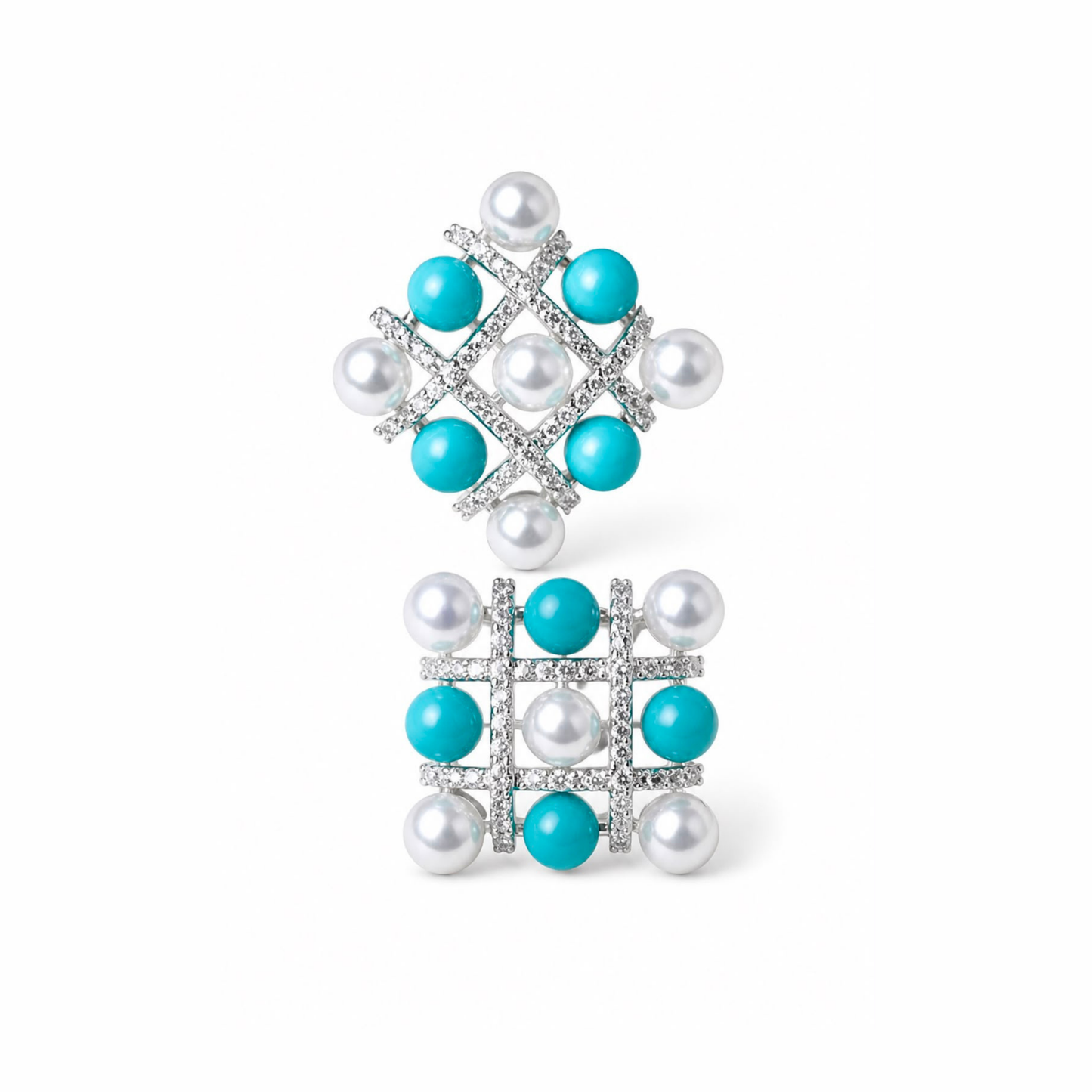 Aretes Laminados en Plata con Turquesas y Perlas de Laboratorio con Rodium