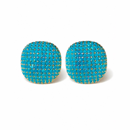Aretes Laminados en Oro de 18KL Tipo Botón Grandes con Baby Turquesas y Rodium