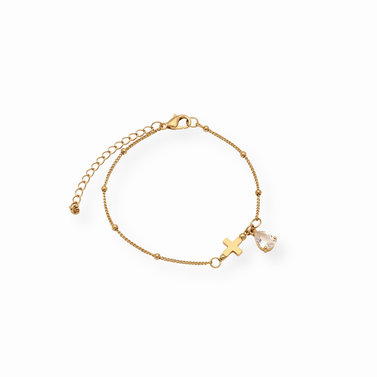 Pulsera Laminada en Oro de 18KL con Solitario y Cruz