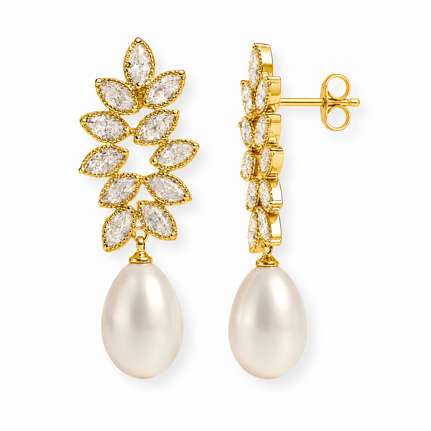 Aretes Laminados en Oro de 18KL con Swarovski, Perla Recubierta en Nácar y Rodium