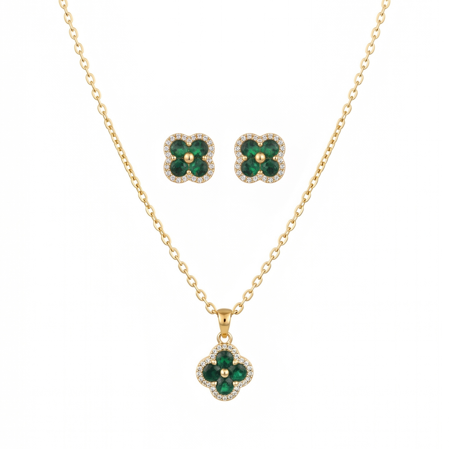 Set de Cadena y Aretes Laminados en Oro de 18k con Cristales Austriacos tono Esmeralda