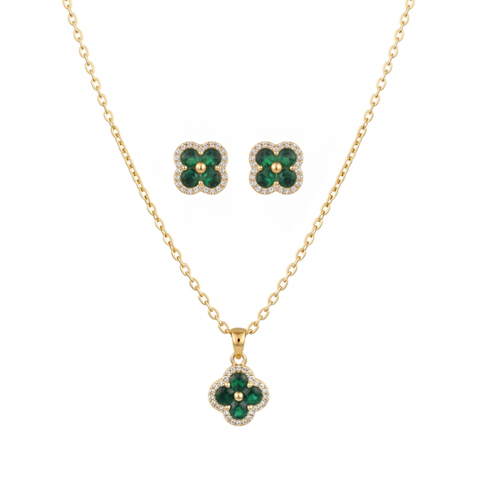 Set de Cadena y Aretes Laminados en Oro de 18k con Cristales Austriacos tono Esmeralda