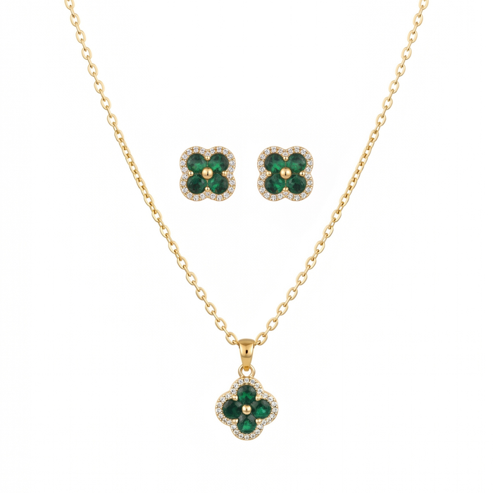 Set de Cadena y Aretes Laminados en Oro de 18k con Cristales Austriacos Tono Esmeralda